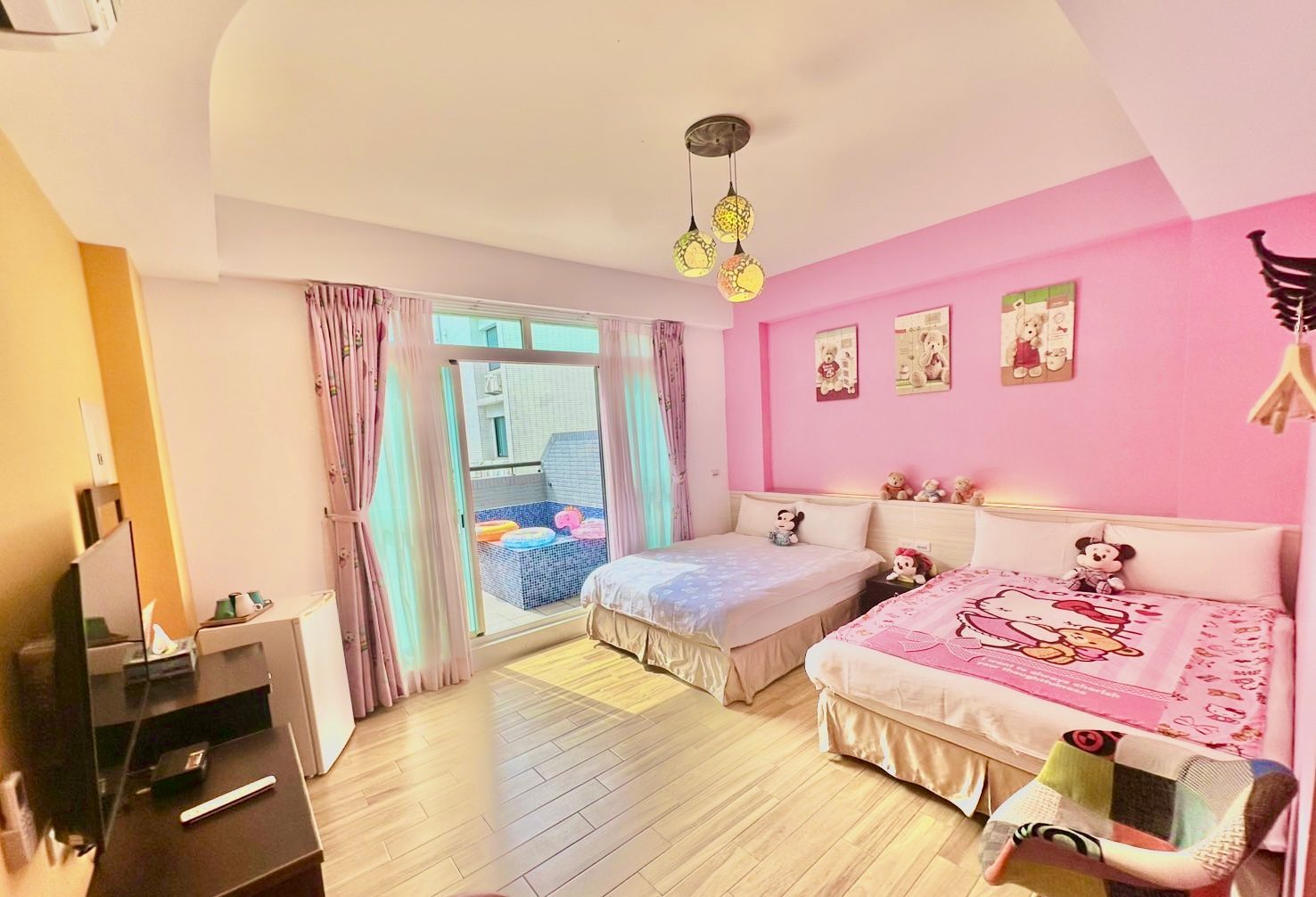 Cartoon Family Room interior with balcony pool view