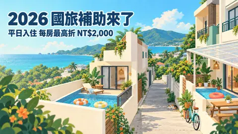 2026 國旅補助來了：平日入住，每房最高折 NT$2,000。示意插畫：南國海邊小鎮，兩棟民宿隔著巷子，各有一座戲水池